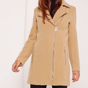 Petite Faux Wool Biker Coat Camel